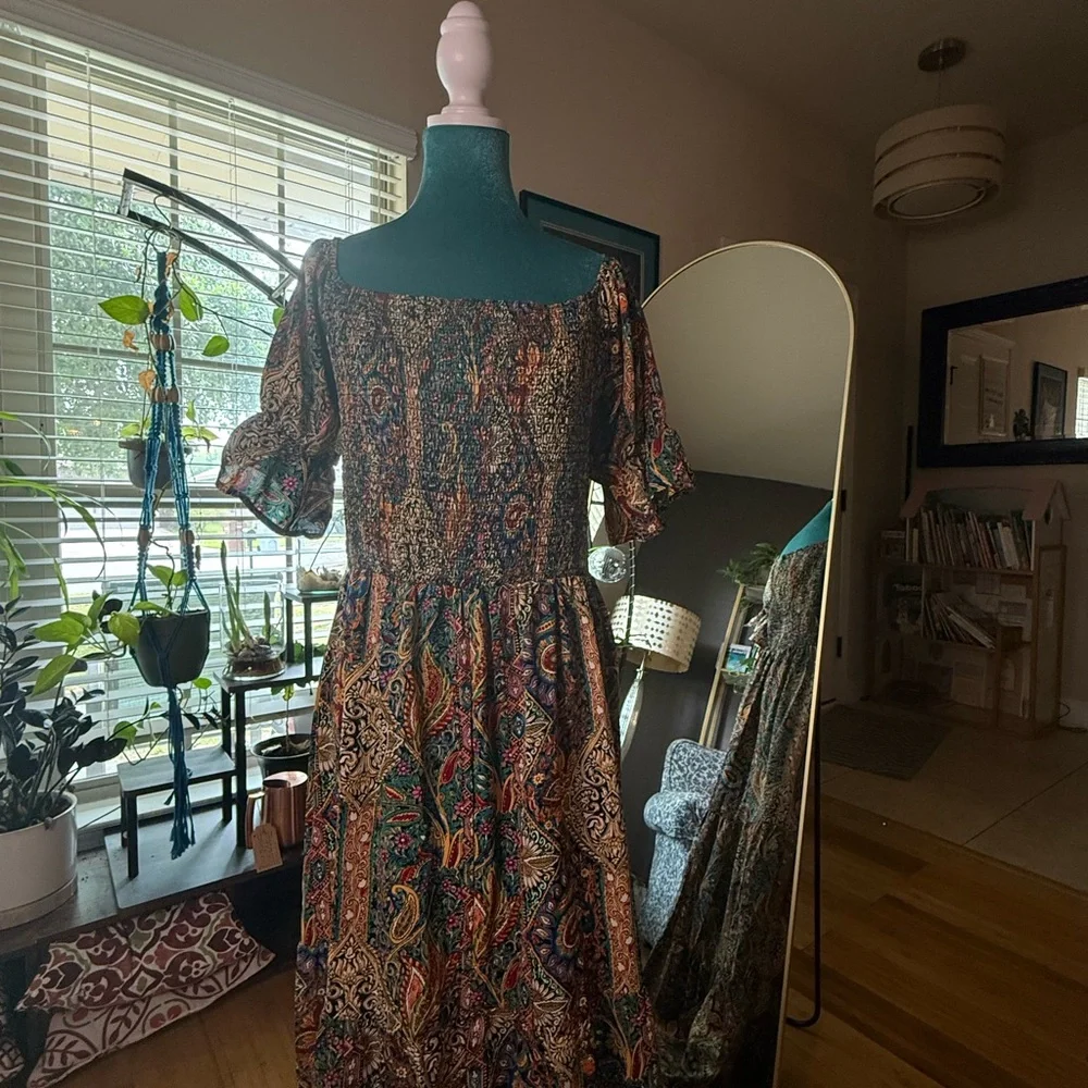Boho Smocked Paisley Maxi Dress XL - Picture 4 of 8